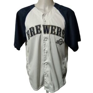 Milwaukee Brewers Jersey L 42-44 Embroidered Logo Button Up Blue White Polyester
